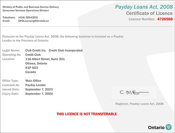 Credit Club's certificate of licence