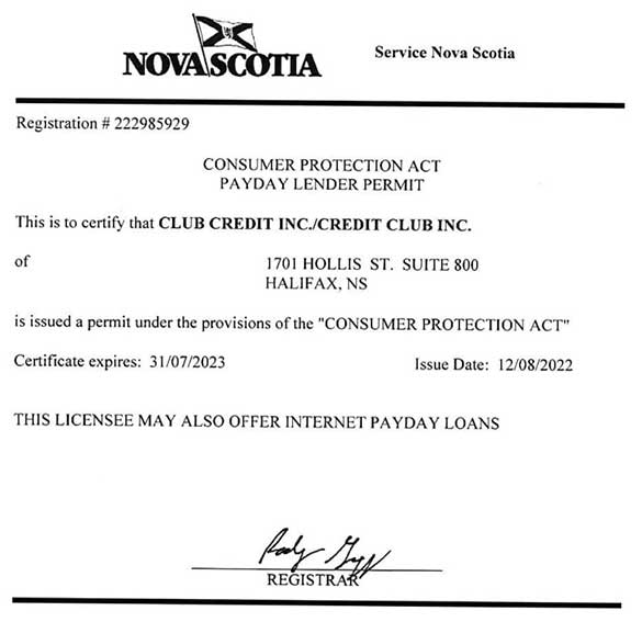 Nova Scotia Credit Club's certificate of licence