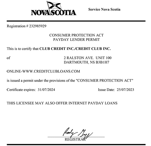 Nova Scotia Credit Club's certificate of licence