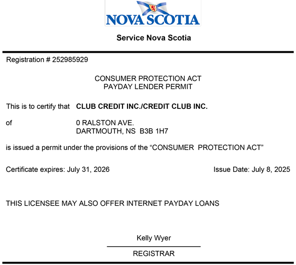 Nova Scotia Credit Club's certificate of licence