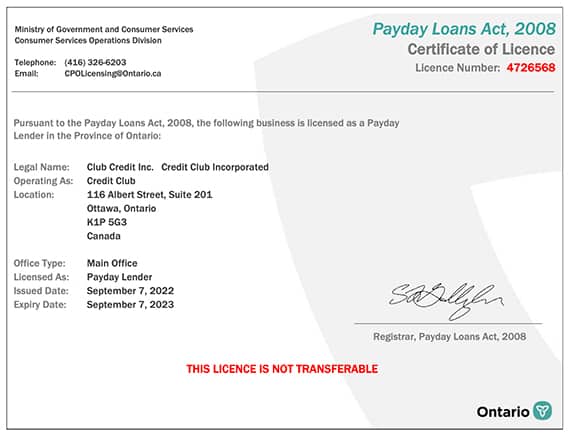 Ontario Credit Club's certificate of licence