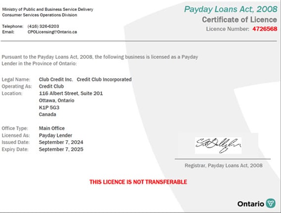 Credit Club's certificate of licence