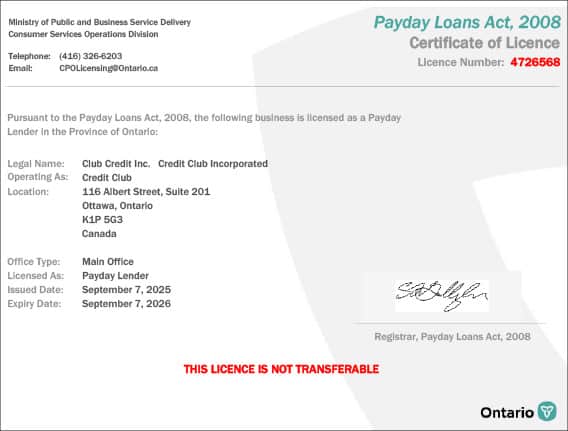 Ontario Credit Club's certificate of licence